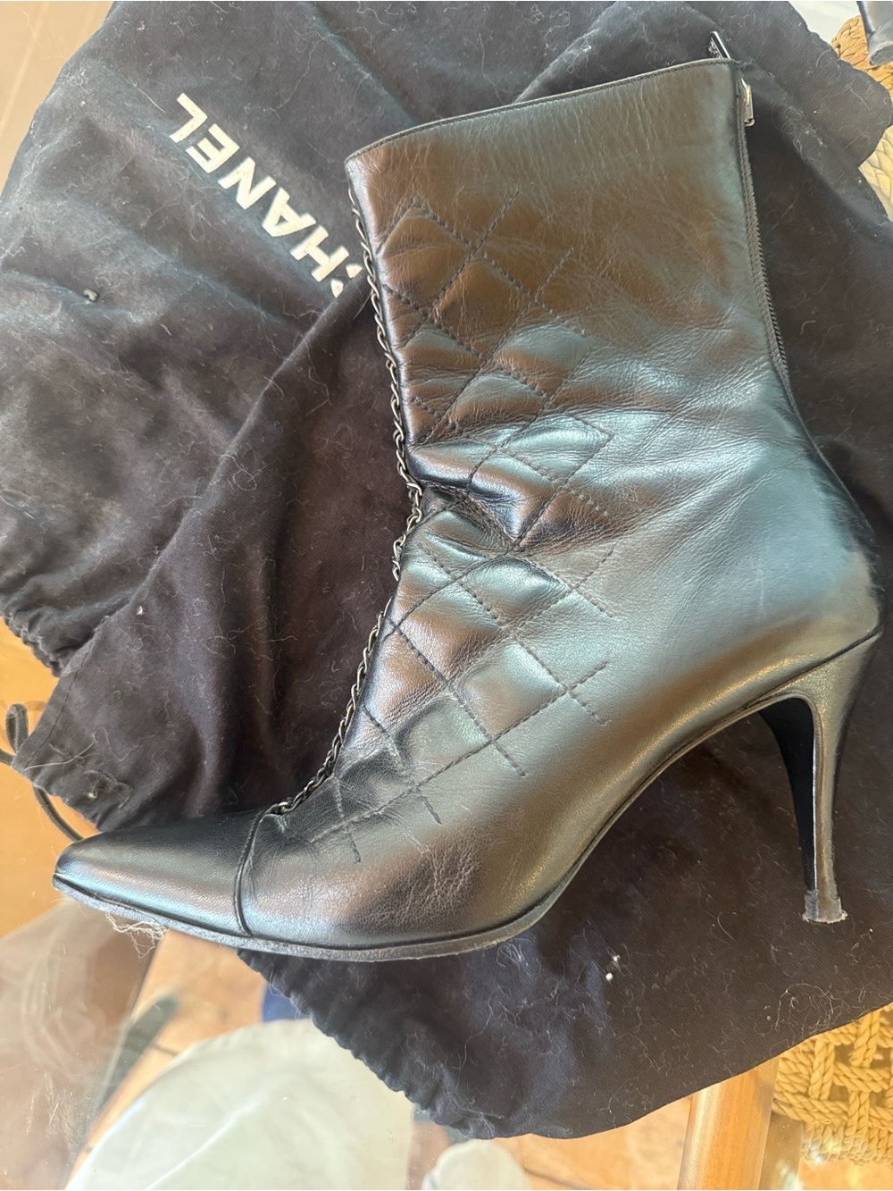CHANEL Black Quilted Leather Pointed-Toe Stiletto Ankle Boots 37